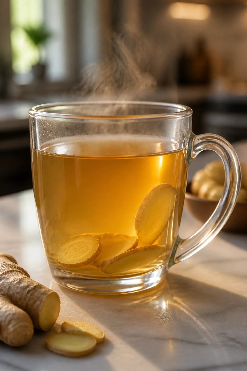 Is Ginger Tea Good Or Bad For Kidney Stones? 2 Close-up of a steaming mug of ginger tea on a kitchen counter