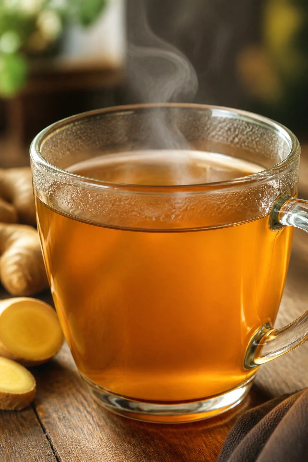 How to Make Ginger Tea for Kidney Stones 1 Close-up of a steaming mug of ginger tea on a wooden table