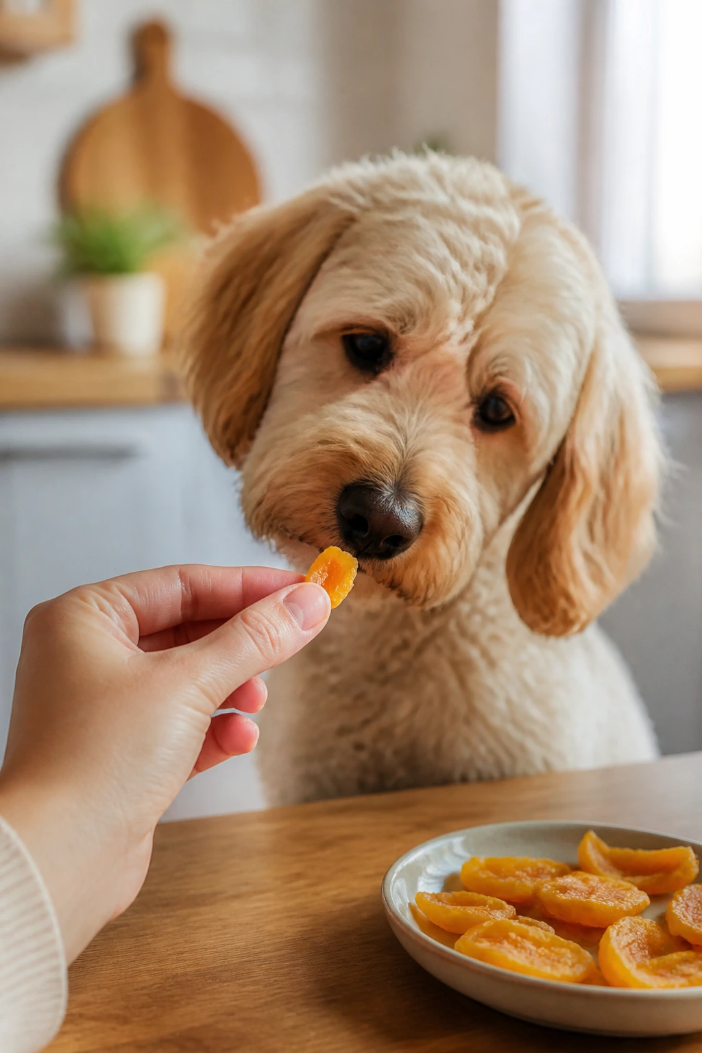 Can Dogs Eat Dried Mangoes? All You Need To Know 4 Dog head approaching a hand offering dried mango