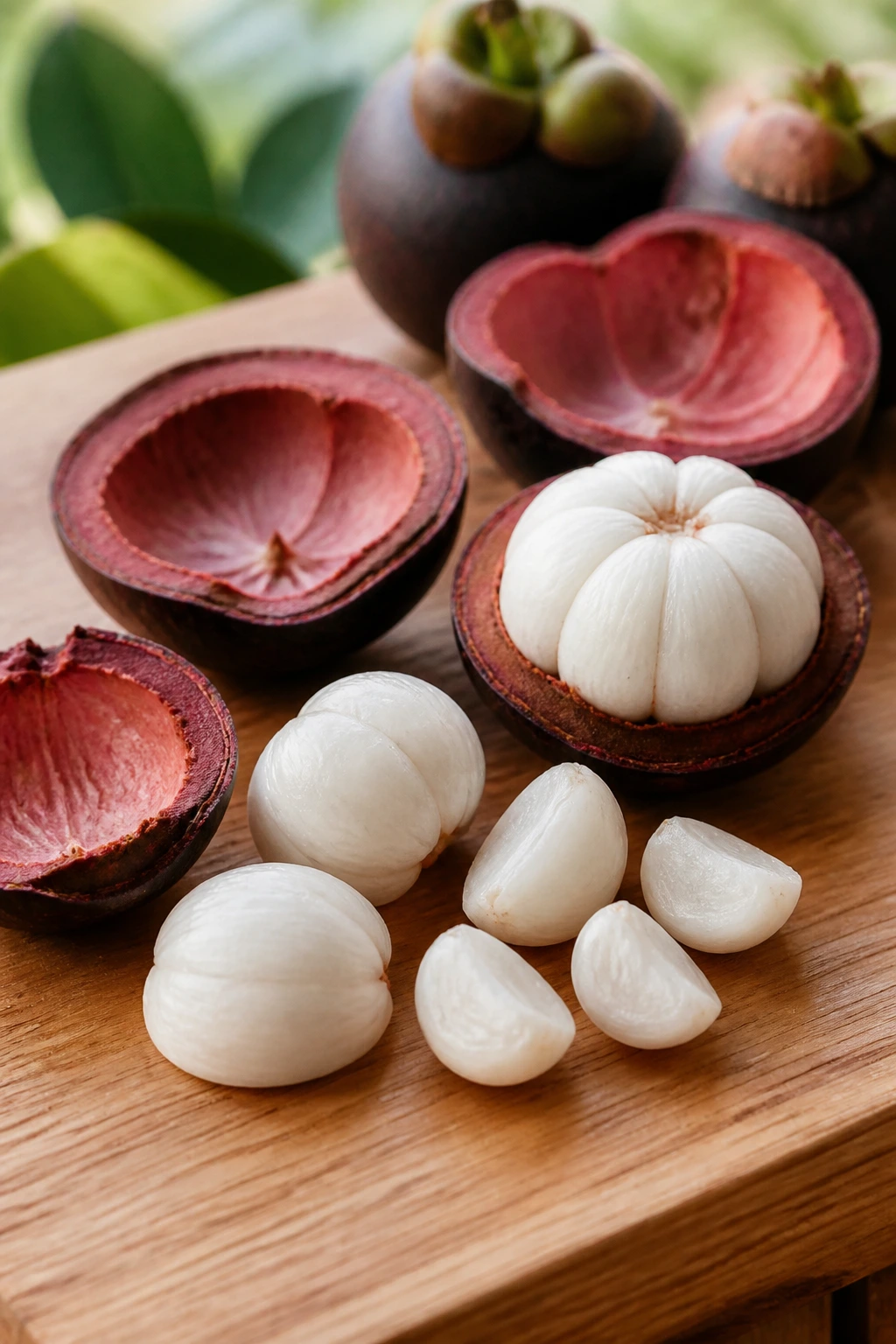 Peeled mangosteen pieces on wooden surface
