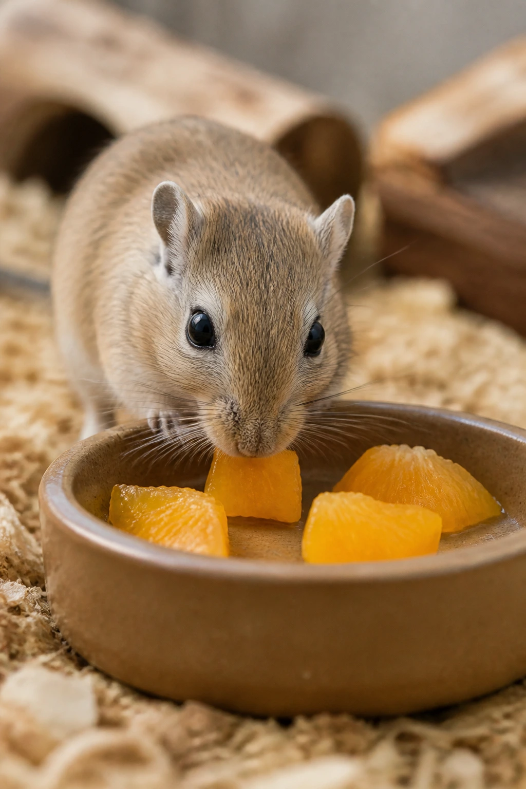 Can Gerbils Eat Oranges? All You Need To Know 5 Gerbil eating a tiny orange piece in a feeding dish