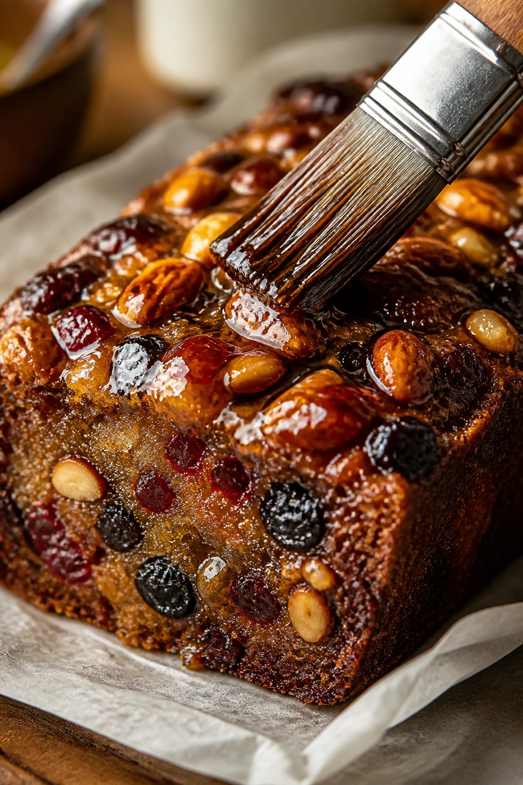 What Does Fruit Cake Taste Like? 4 Glossy glaze brushed onto fruit cake slice