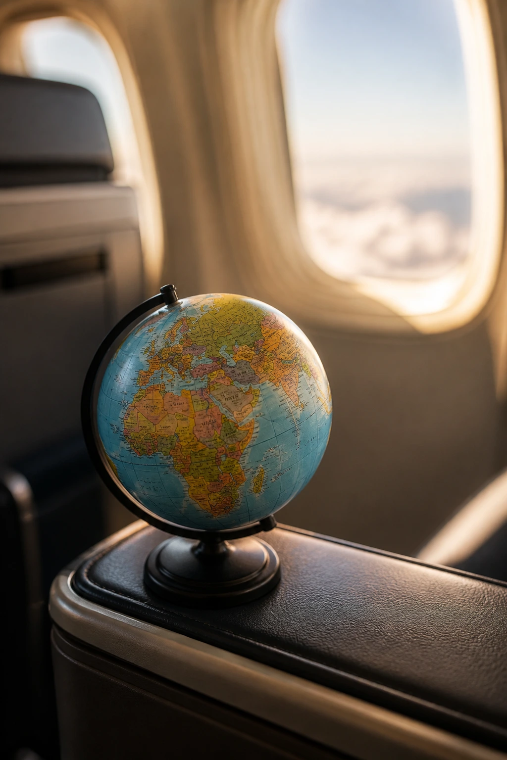Globe on airplane armrest with cabin lighting, international travel context.
