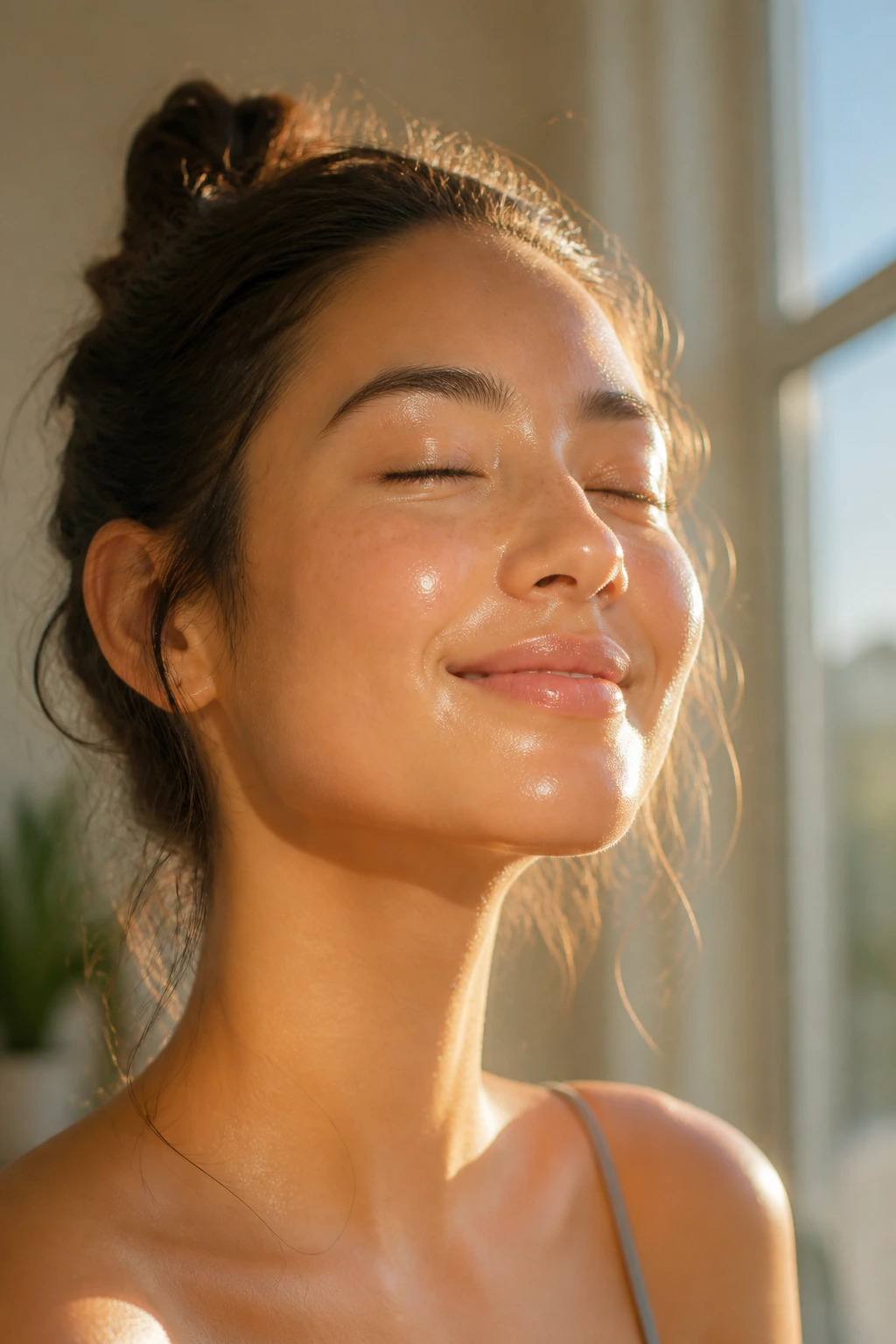10 Amazing Benefits of Eating Plums for Skin 10 Close-up of radiant, dewy skin under warm window light