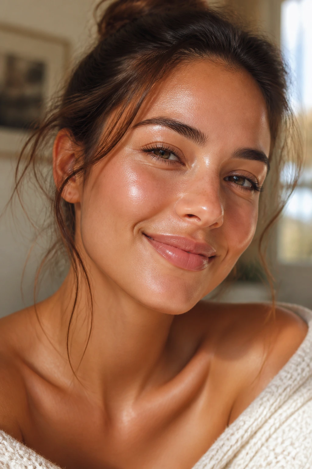 12 Surprising Benefits Of Eating Oranges For Skin And Hair 1 Close-up of a real woman's glowing, dewy skin in natural window light