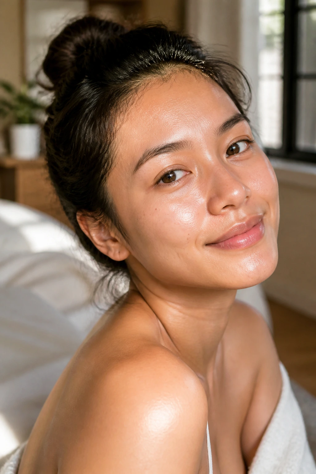 Close-up portrait of a real woman with glowing skin to illustrate papaya milk skin benefits
