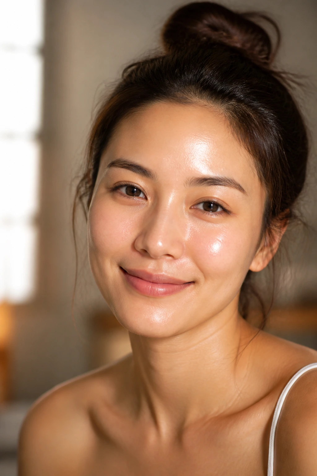 Close-up of a woman's face with glowing skin lit by warm window light