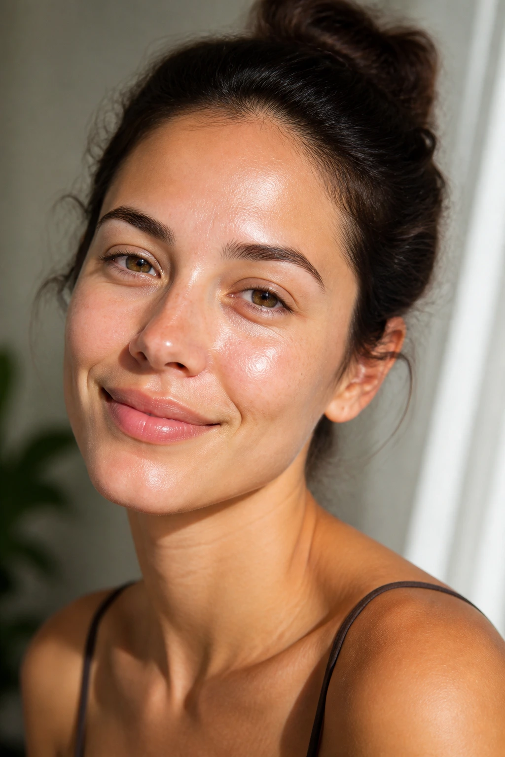 Real woman close-up portrait with glowing skin