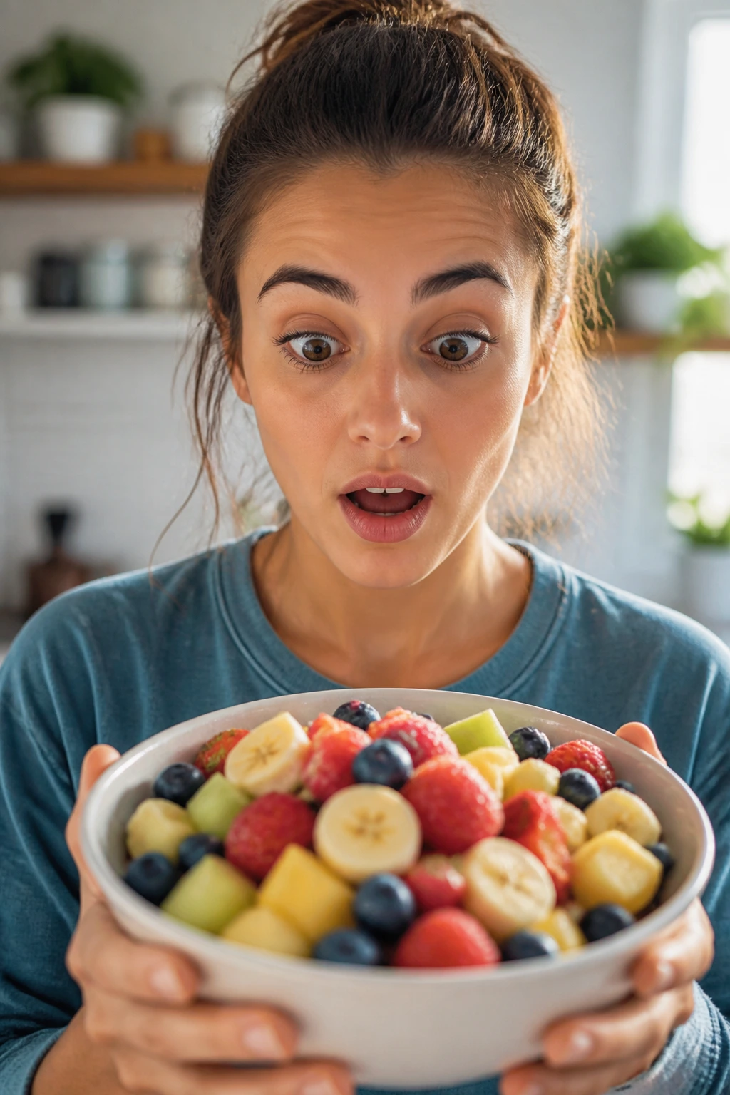 Side Effects of Eating Too Much Fruit: 10 Possible Outcomes 10 Close-up portrait of a person showing a surprised expression suggesting blood sugar spikes