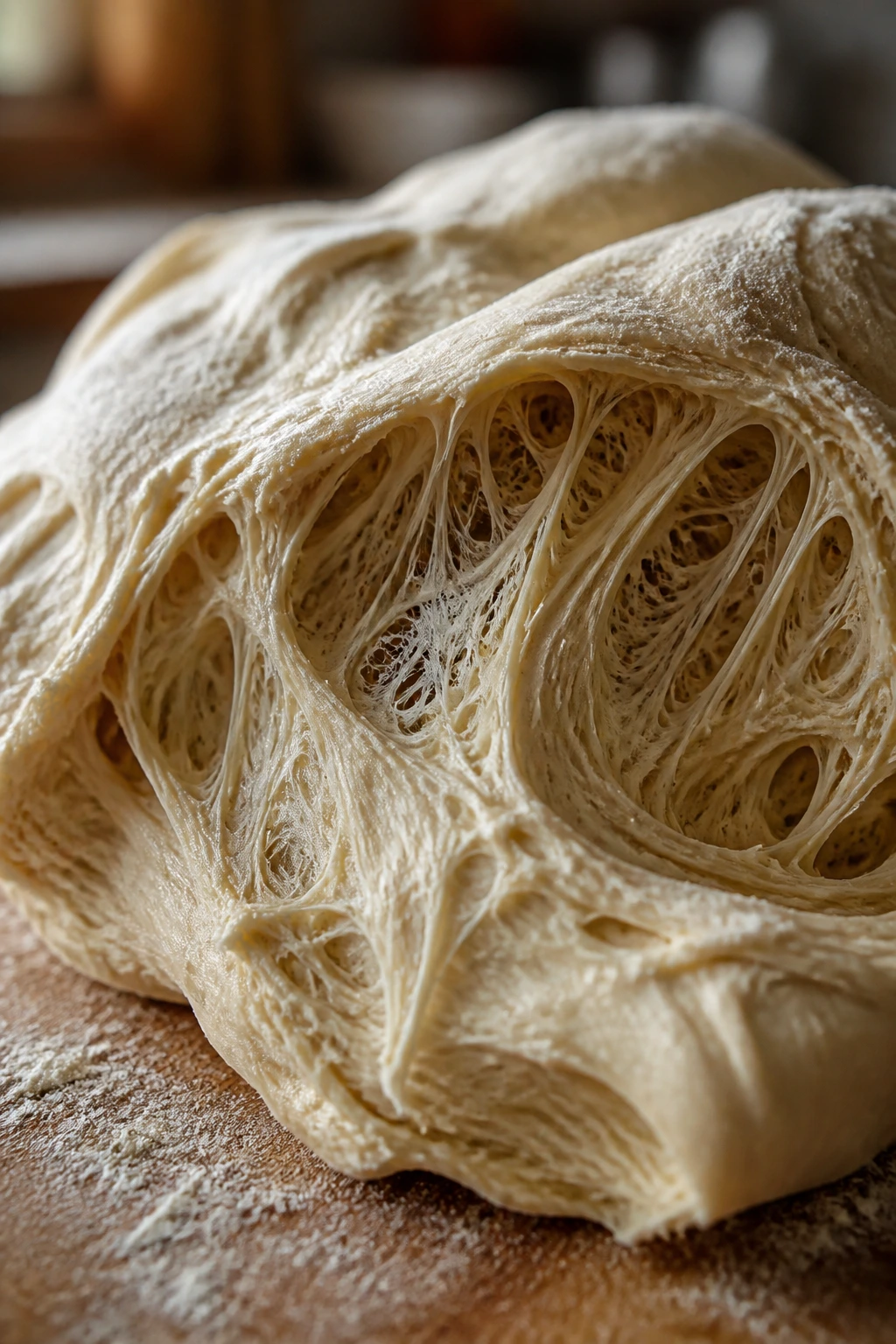 Macro close-up of gluten network in dough on a flour-dusted wooden surface