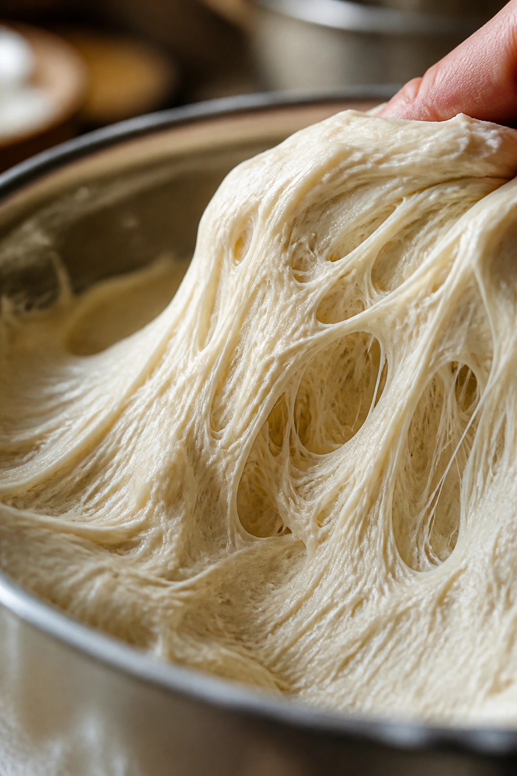 Close-up macro of gluten network in dough