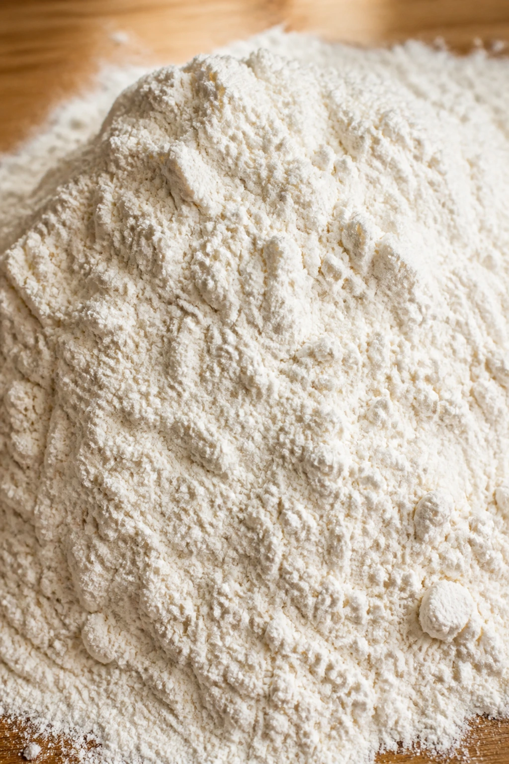 Close-up of a mound of flour on a wooden counter illustrating gluten concept