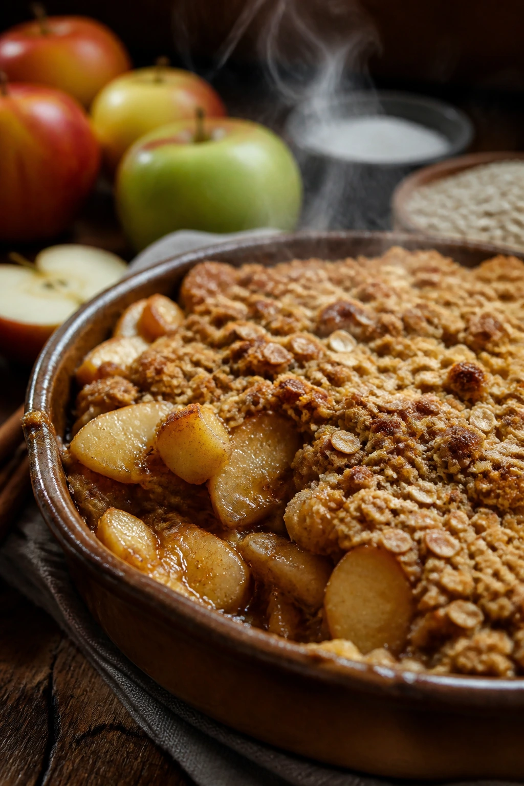 Warm gluten-free apple crisp served in a rustic bowl