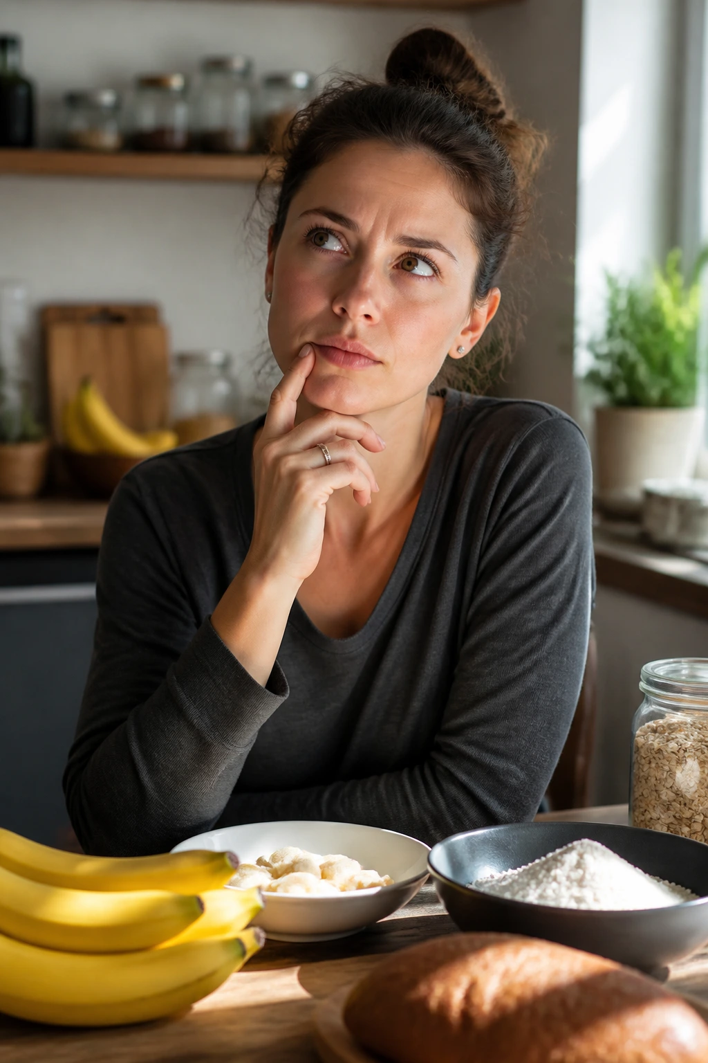Real person with thoughtful expression in a kitchen, with subtle banana background