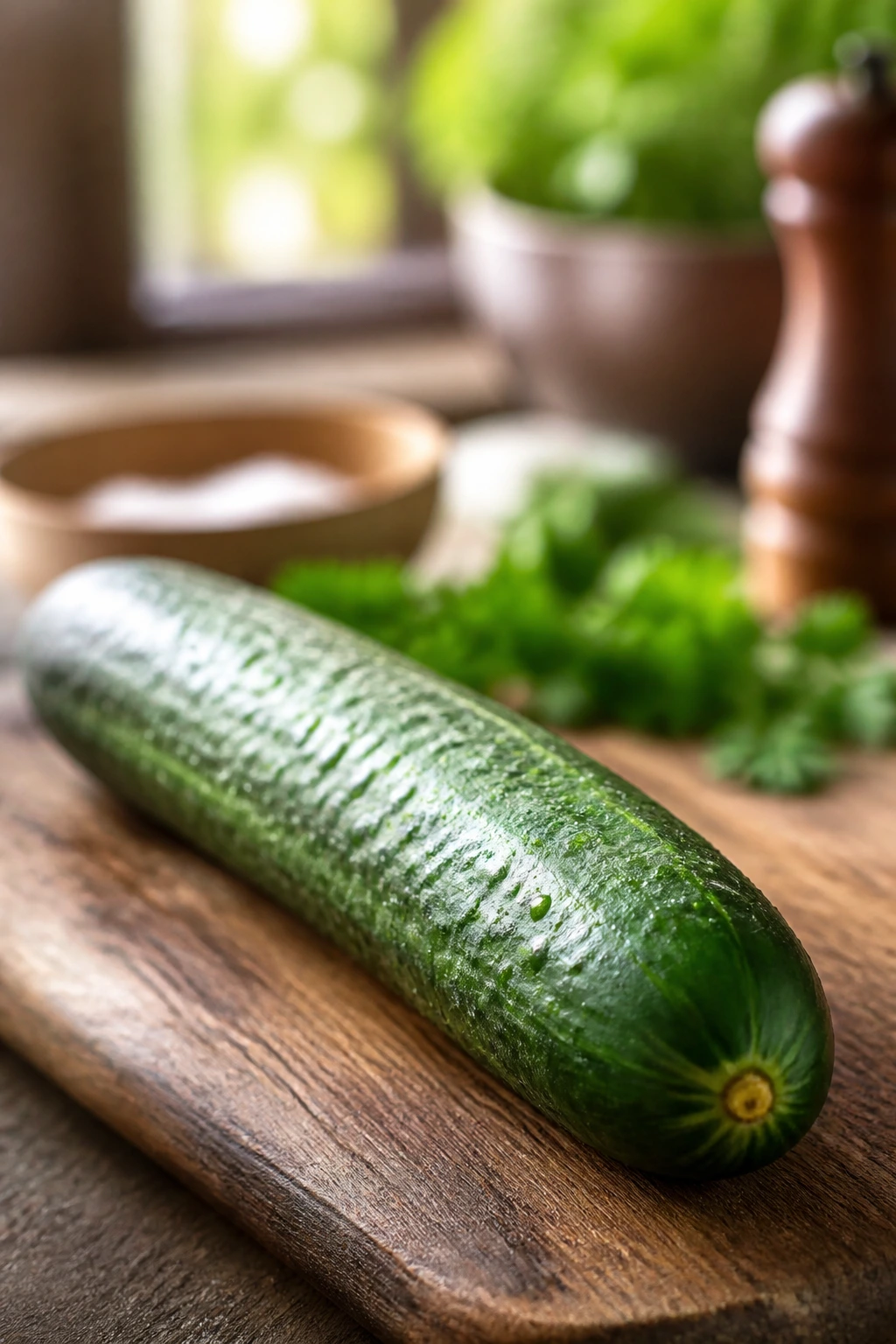 Close-up cucumber in a rustic kitchen highlighting gluten-free versatility.