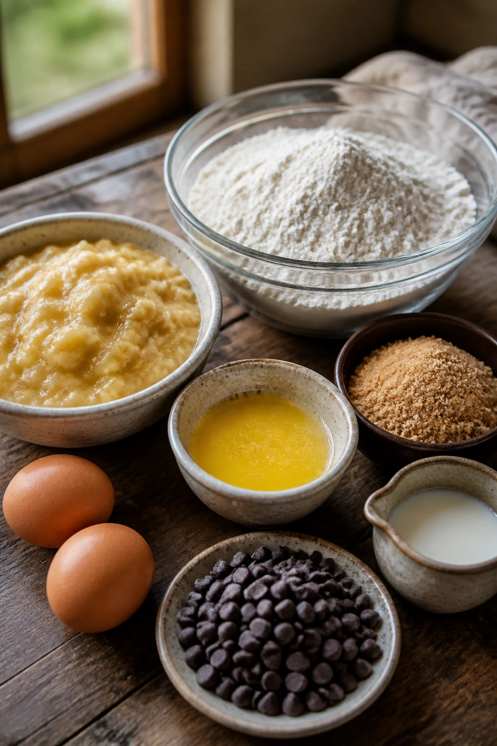 How To Make Gluten-Free Banana Chocolate Chip Muffins 1 Close-up of gluten-free muffin ingredients on a rustic counter