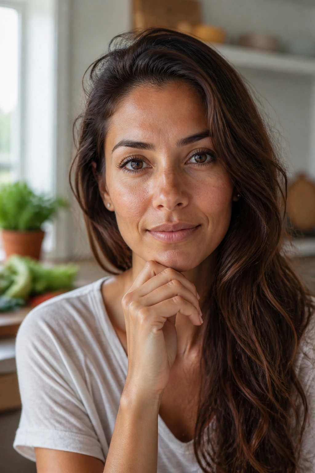 Close-up portrait of a real person thinking about gluten-free plantain chips and healthy snacking