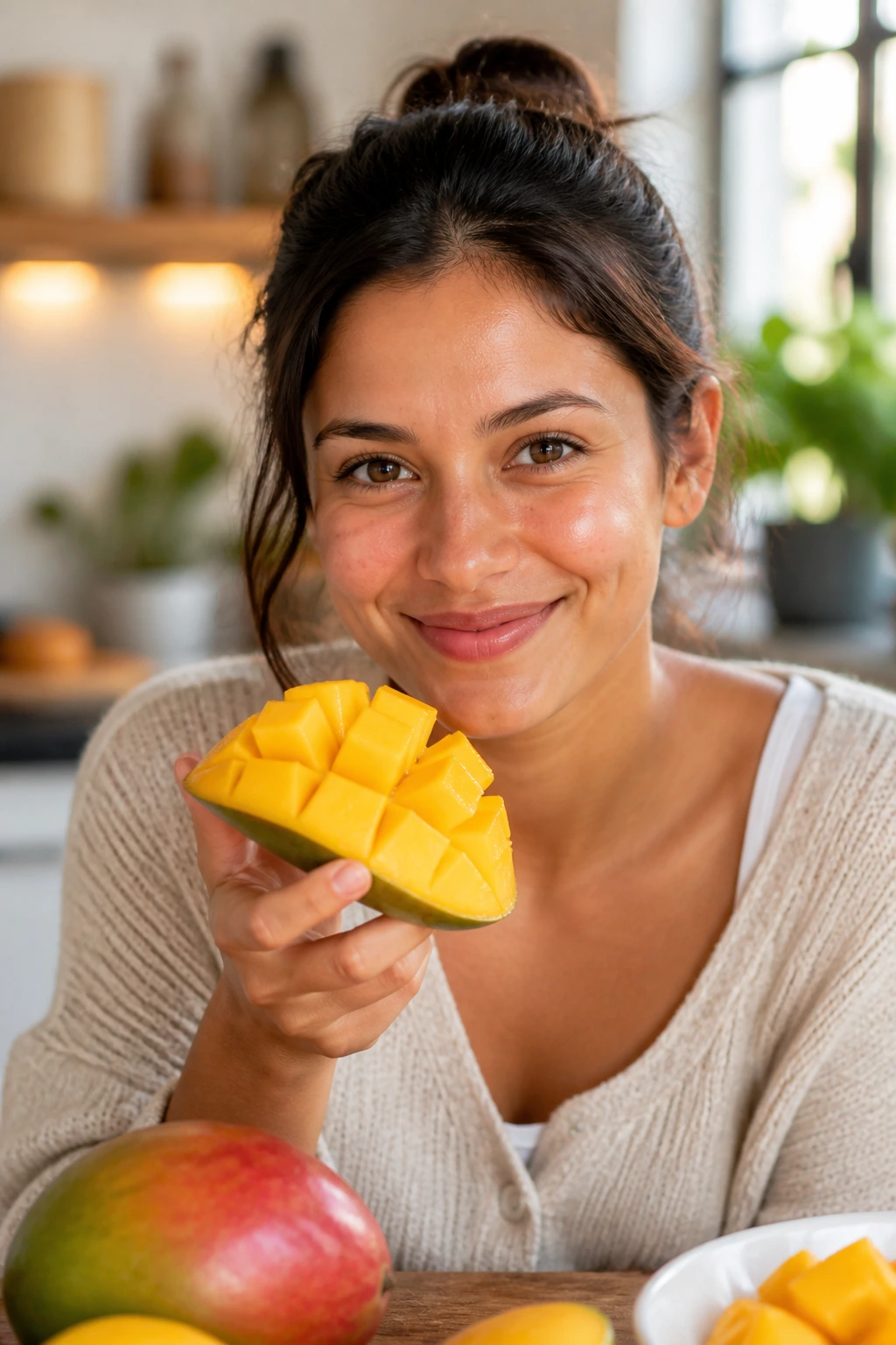 Close-up portrait of a real person in a warm kitchen, representing the gluten-free mango conclusion.