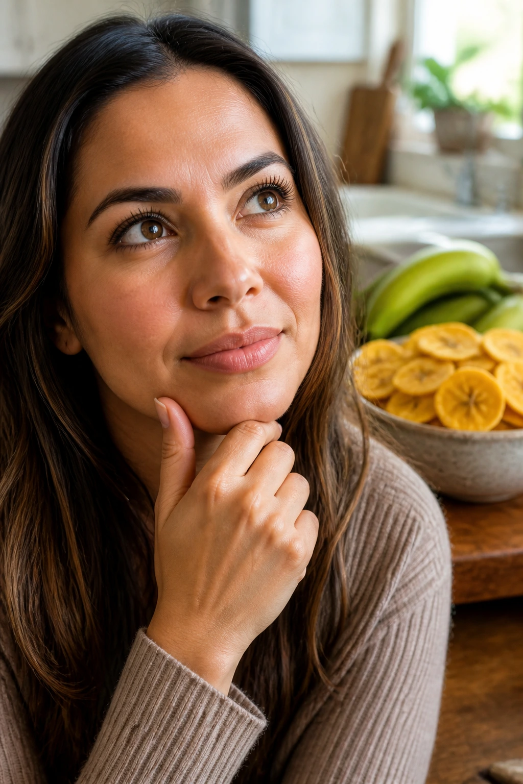 Close-up portrait of a thoughtful person in a kitchen with gluten-free plantain chips context