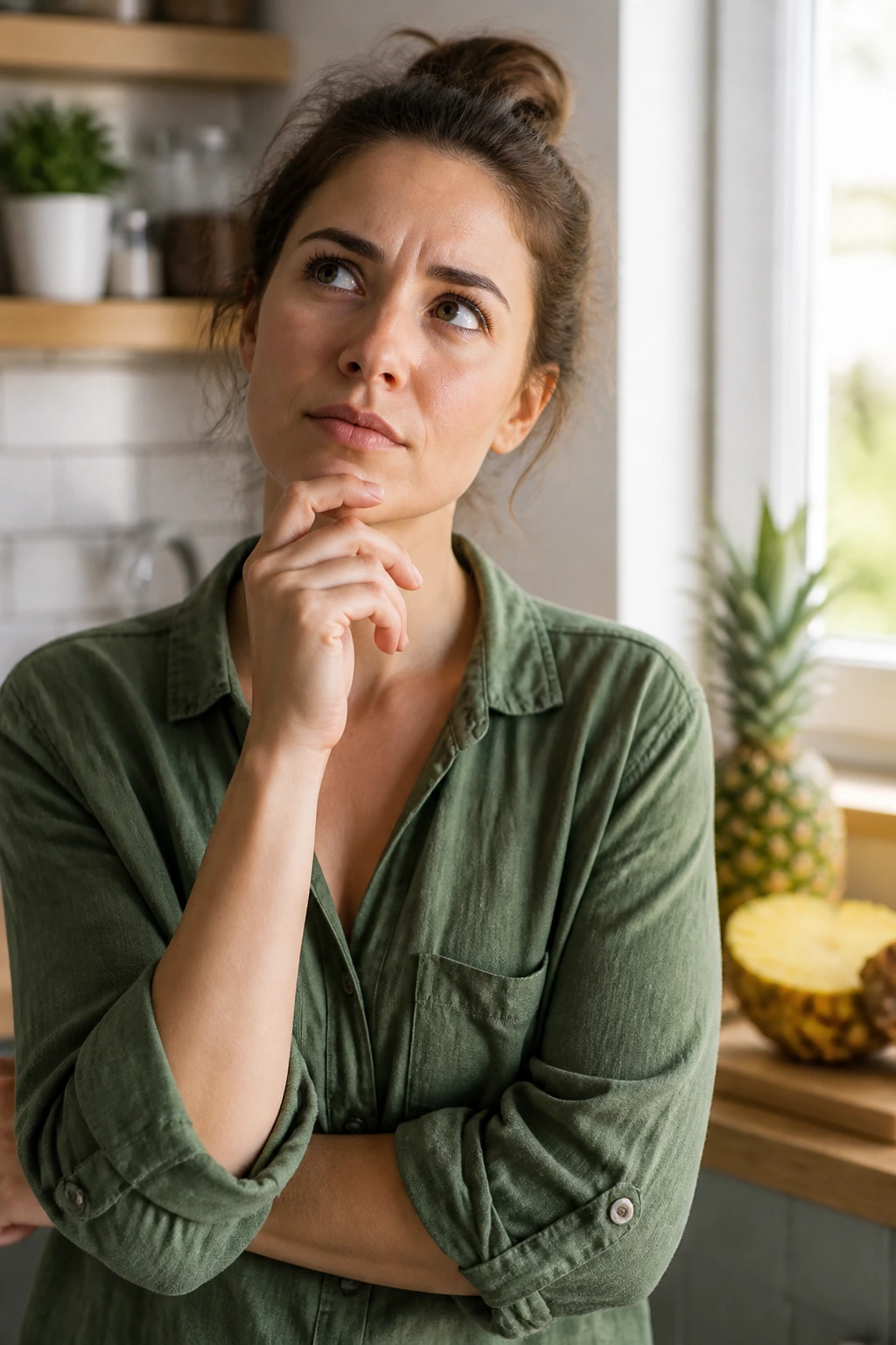 Is Pineapple Gluten-Free? Here's What You Need To Know 8 Portrait of a real person in a kitchen with a thoughtful expression