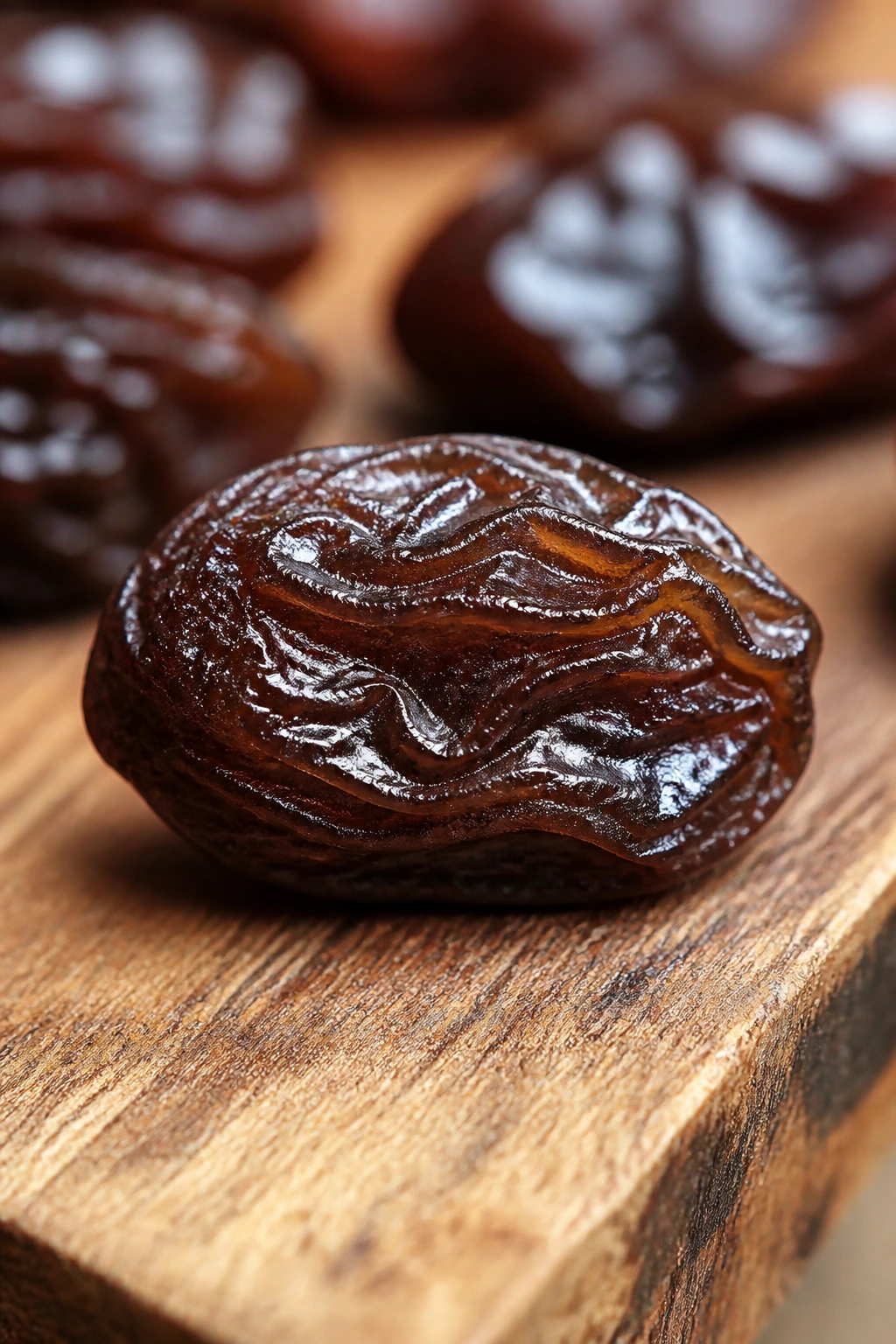 Glossy raisin on wooden board