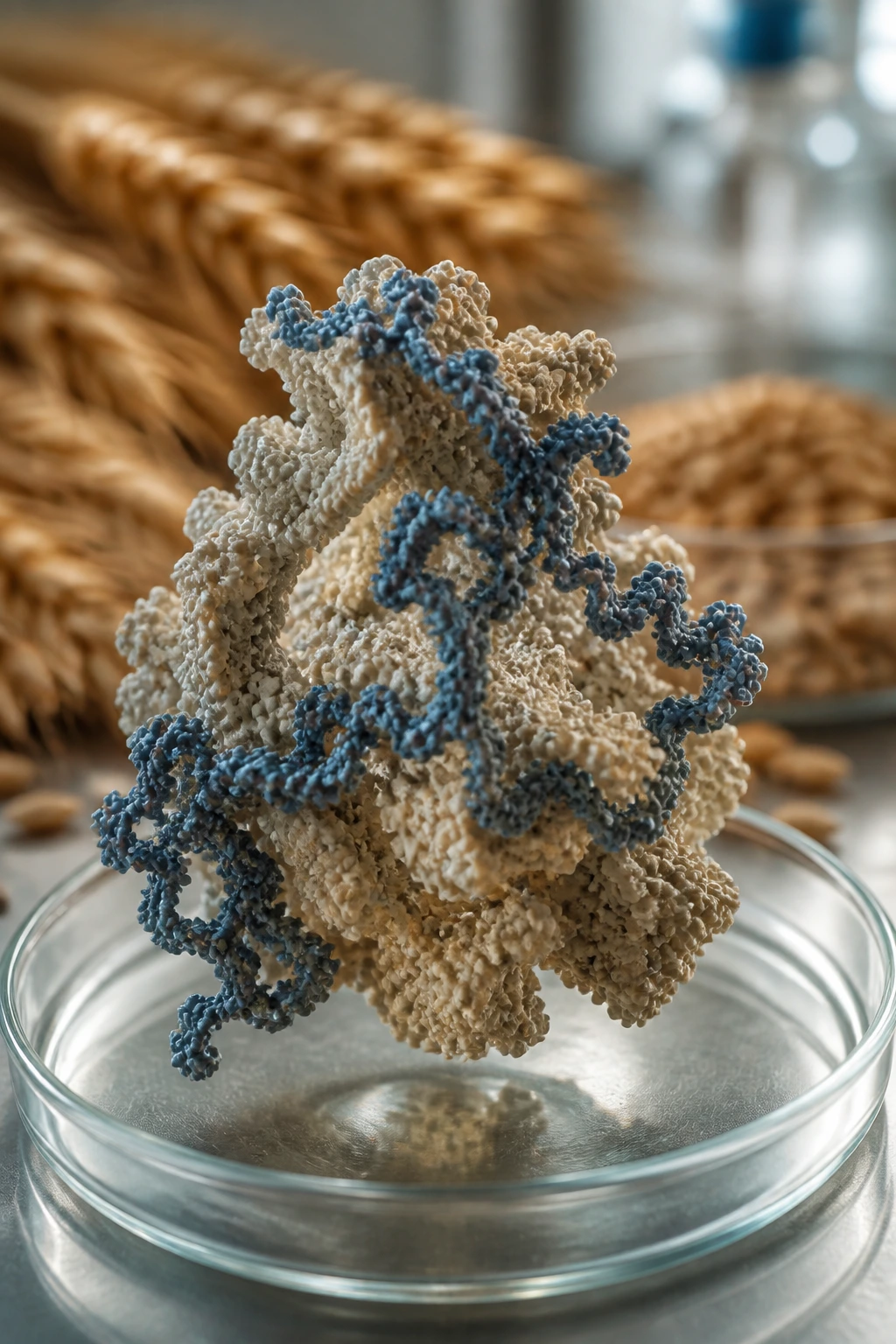 Macro close-up of gluten protein model in lab with blurred wheat kernels