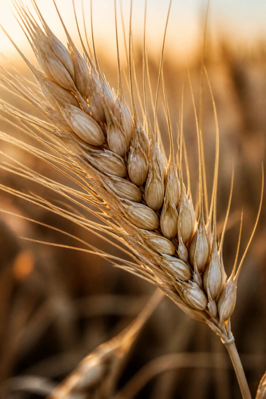 Close-up of a wheat head with grains against a blurred field background