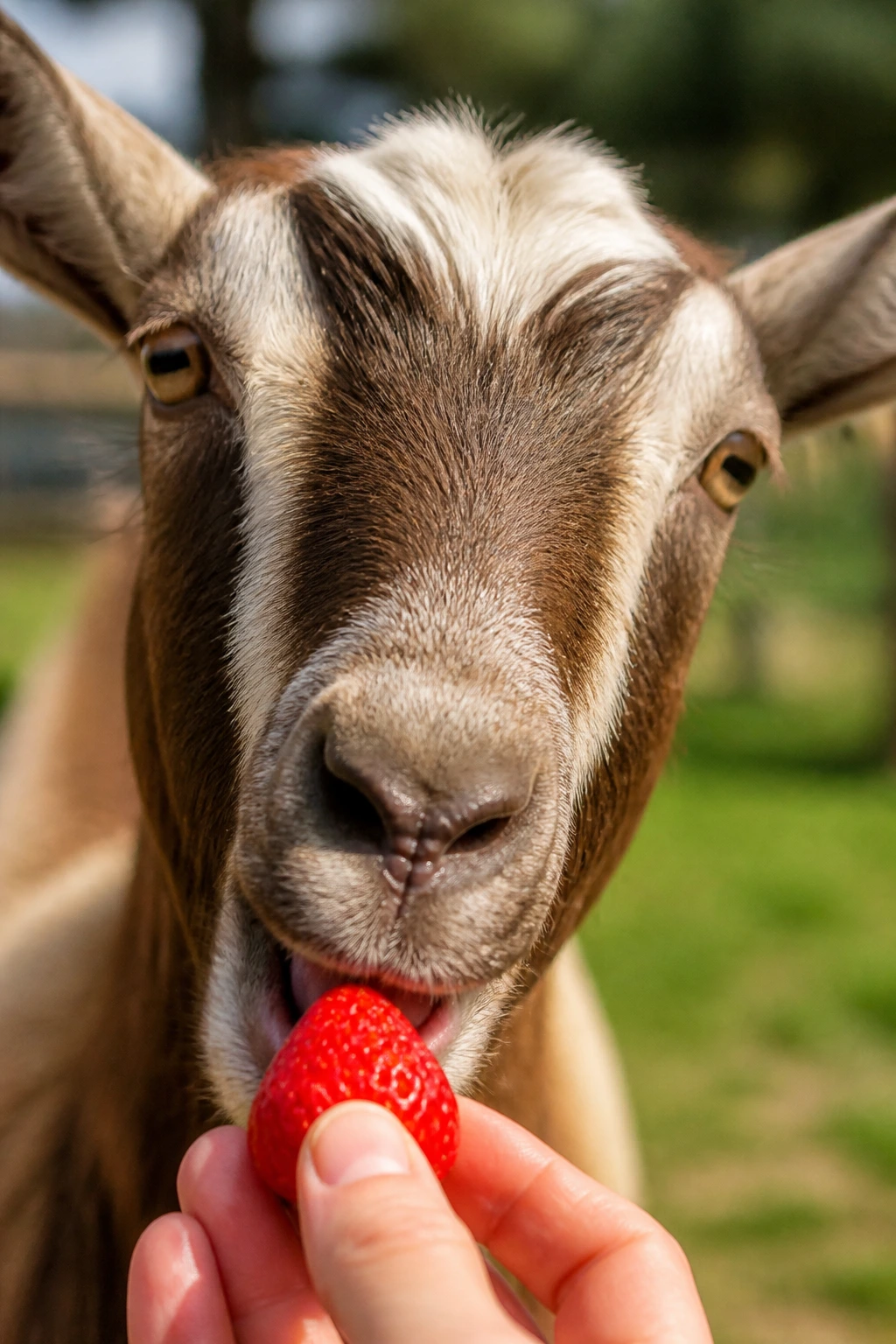 Can Goats Eat Strawberries? All You Need to Know 1 Close-up of a goat's head with a strawberry near its mouth on a sunny farm