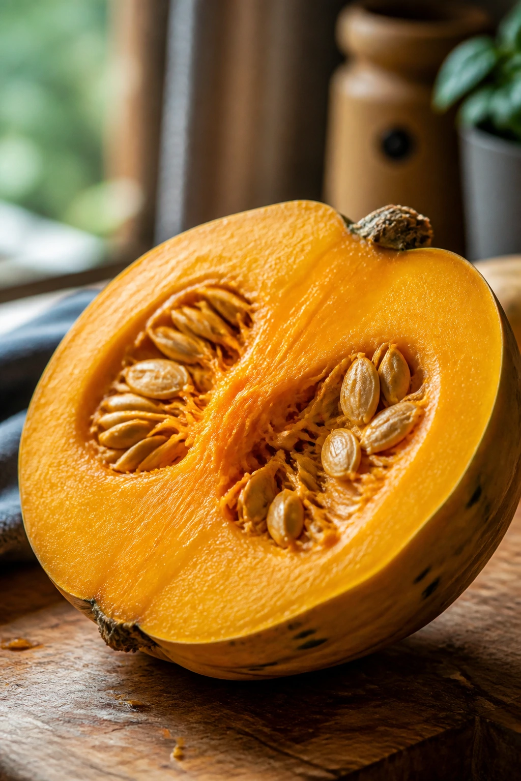 Golden Nugget Squash Recipe (Pro Guide) 7 Close-up halved Golden Nugget Squash with orange flesh on a wooden cutting board, warm kitchen lighting