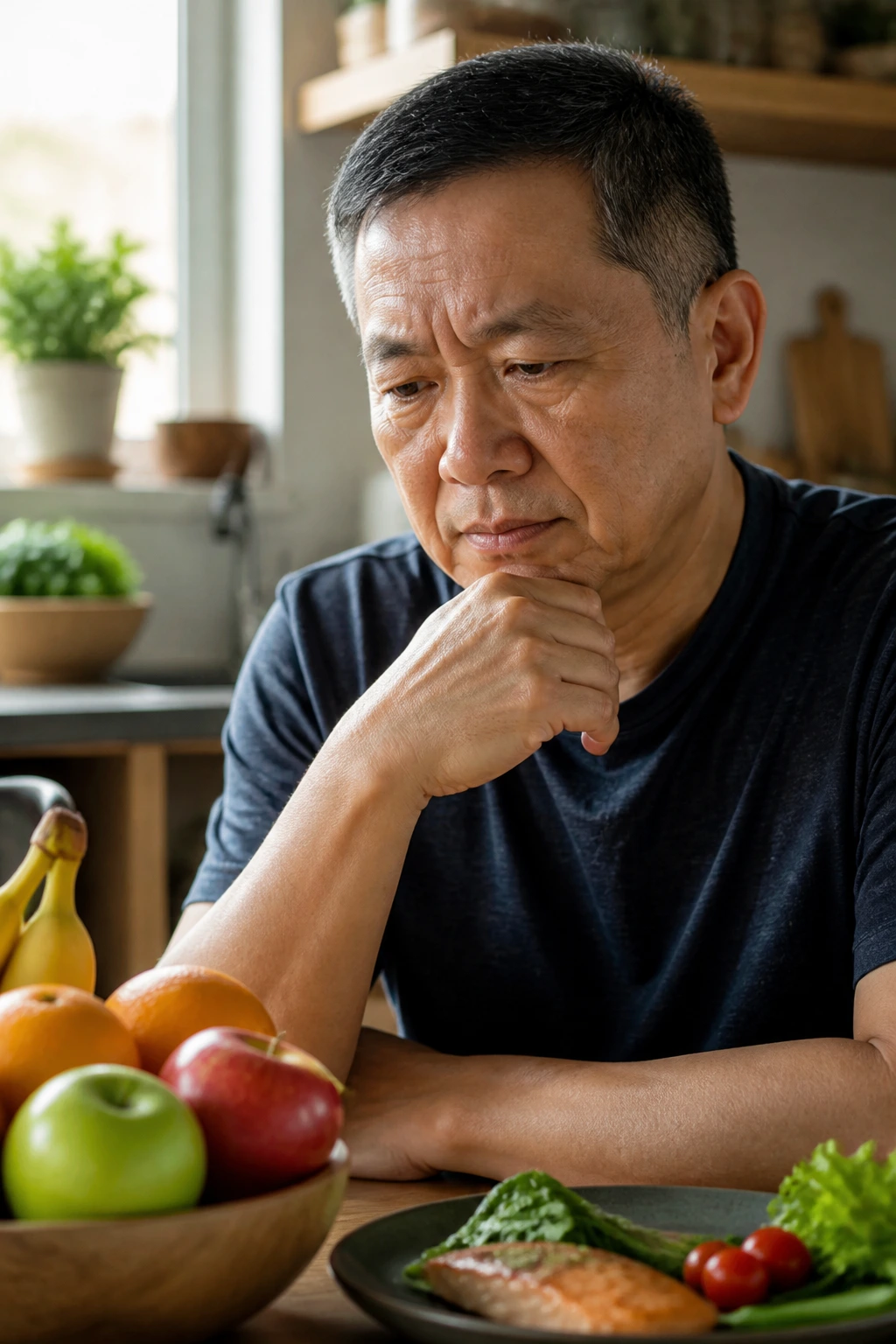 Gout Management: Are Bananas Good For Gout? 2 Portrait of a real person in a warm kitchen contemplating gout-related food choices