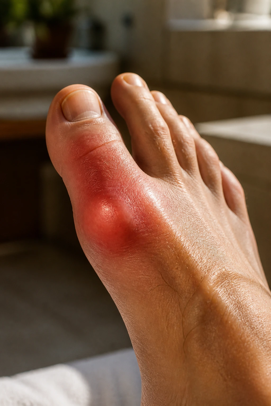 Is Pineapple Good or Bad for Gout? 1 Close-up of a swollen gout-affected toe in a home bathroom