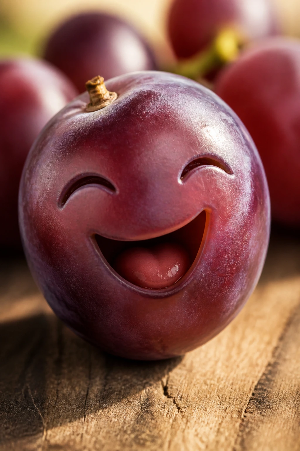 Close-up of a single grape with a giggling look on a wooden board
