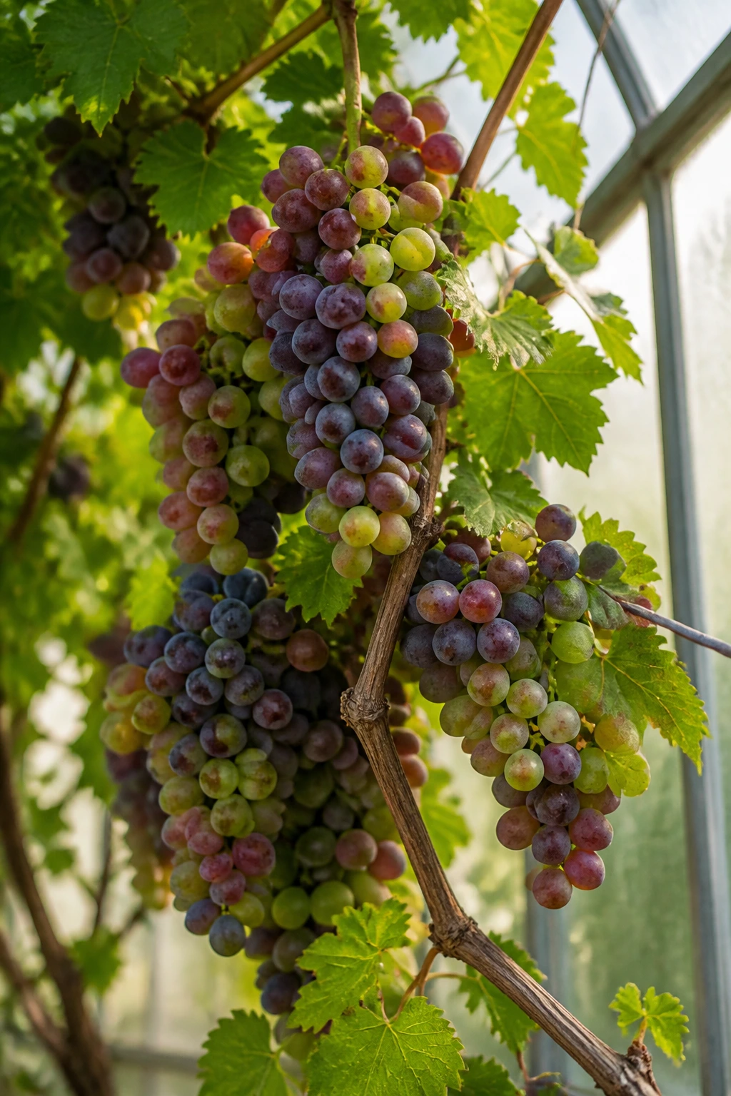 Can You Grow Grapes In A Greenhouse? Yes, And Here's How 5 Grape clusters on a vine inside a greenhouse.