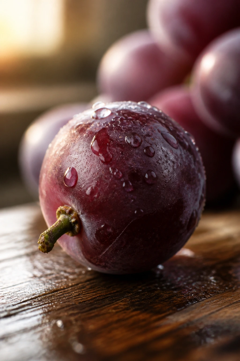 Macro close-up of a single dew-covered grape on wood
