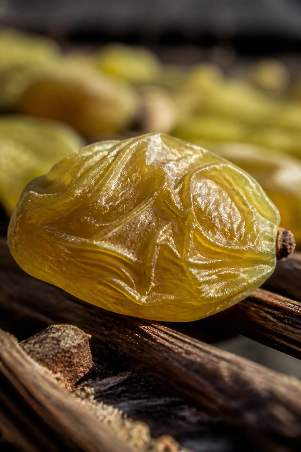 Close-up of wrinkled grape drying in sun on wooden rack