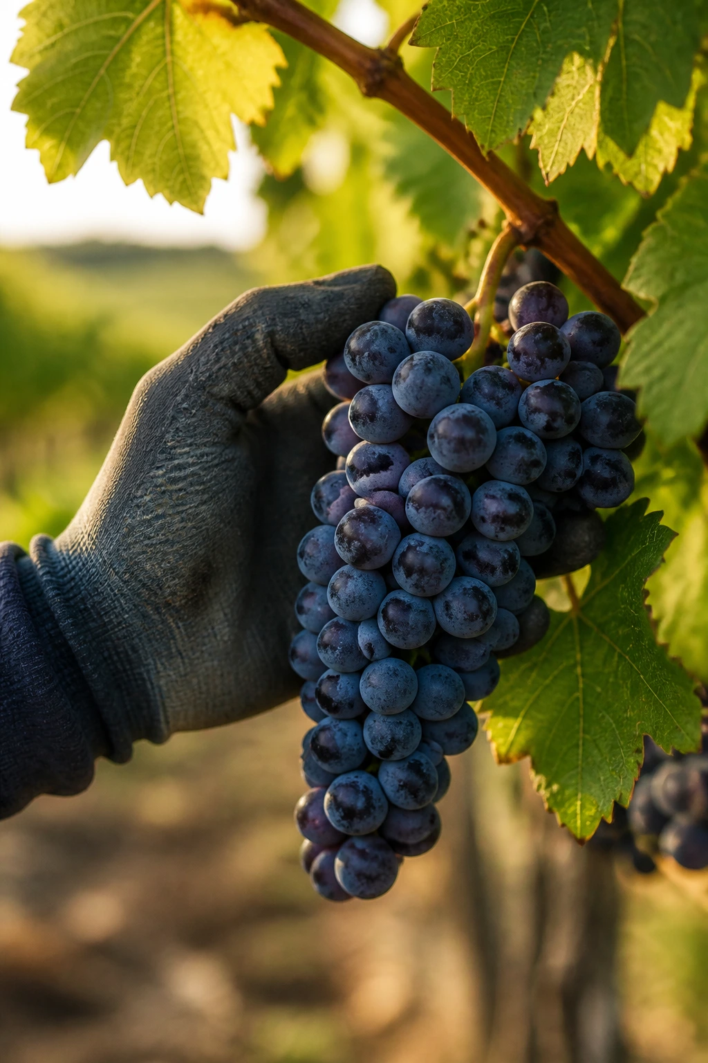 Close-up of a gloved hand harvesting grapes from a vine in a sunlit vineyard