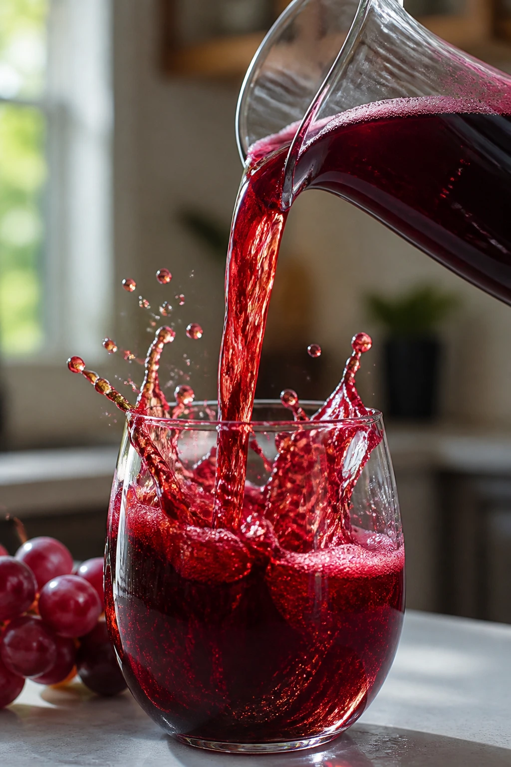 Dynamic splash of red grape juice in a kitchen scene, showcasing cleansing effect.
