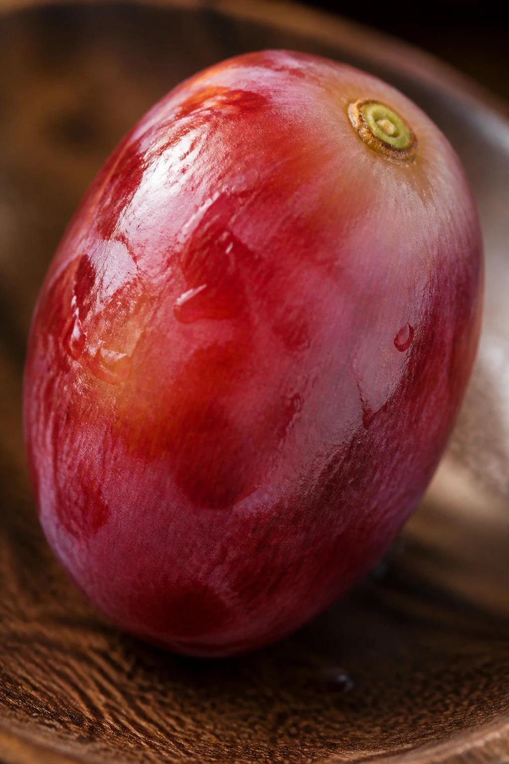 Close-up of a single grape on a wooden plate under warm kitchen light