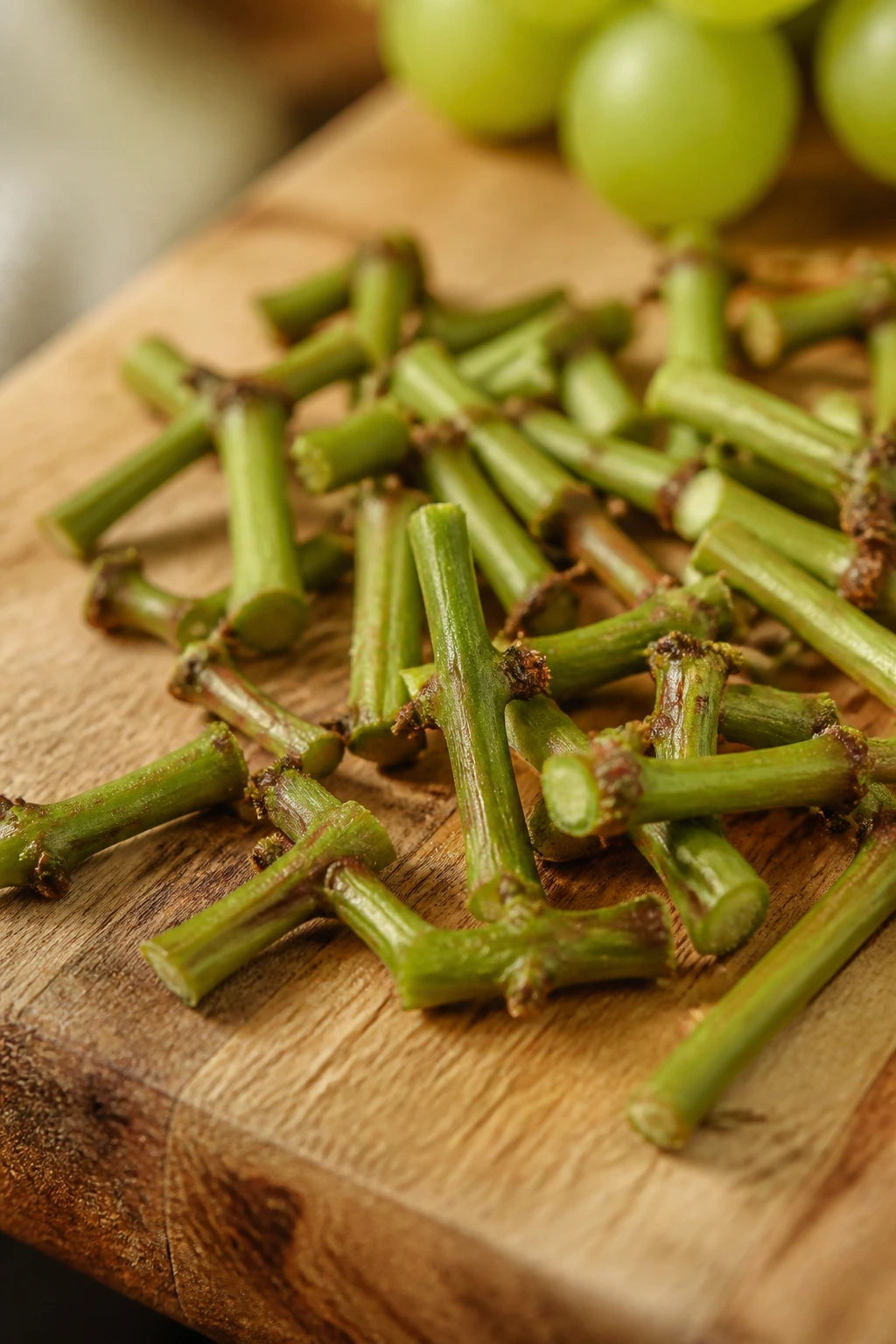 Can Guinea Pigs Eat Grape Stems? All You Need To Know 1 Close-up of grape stems cut into bite-sized pieces on a wooden cutting board