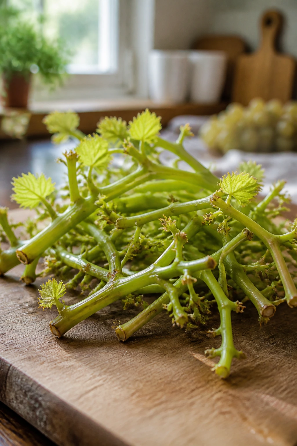Can Guinea Pigs Eat Grape Stems? All You Need To Know 2 Close-up of fresh grape stems with leaves on a wooden surface