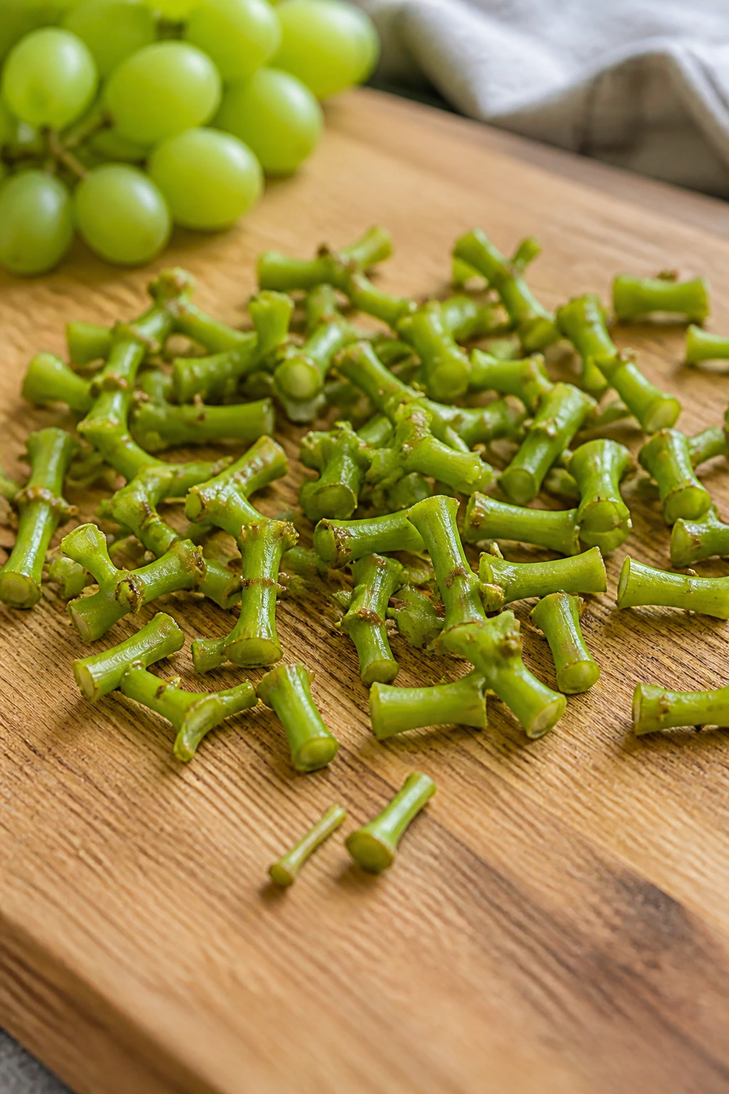 Can Guinea Pigs Eat Grape Stems? All You Need To Know 3 Close-up of grape stems broken into small pieces on a cutting board