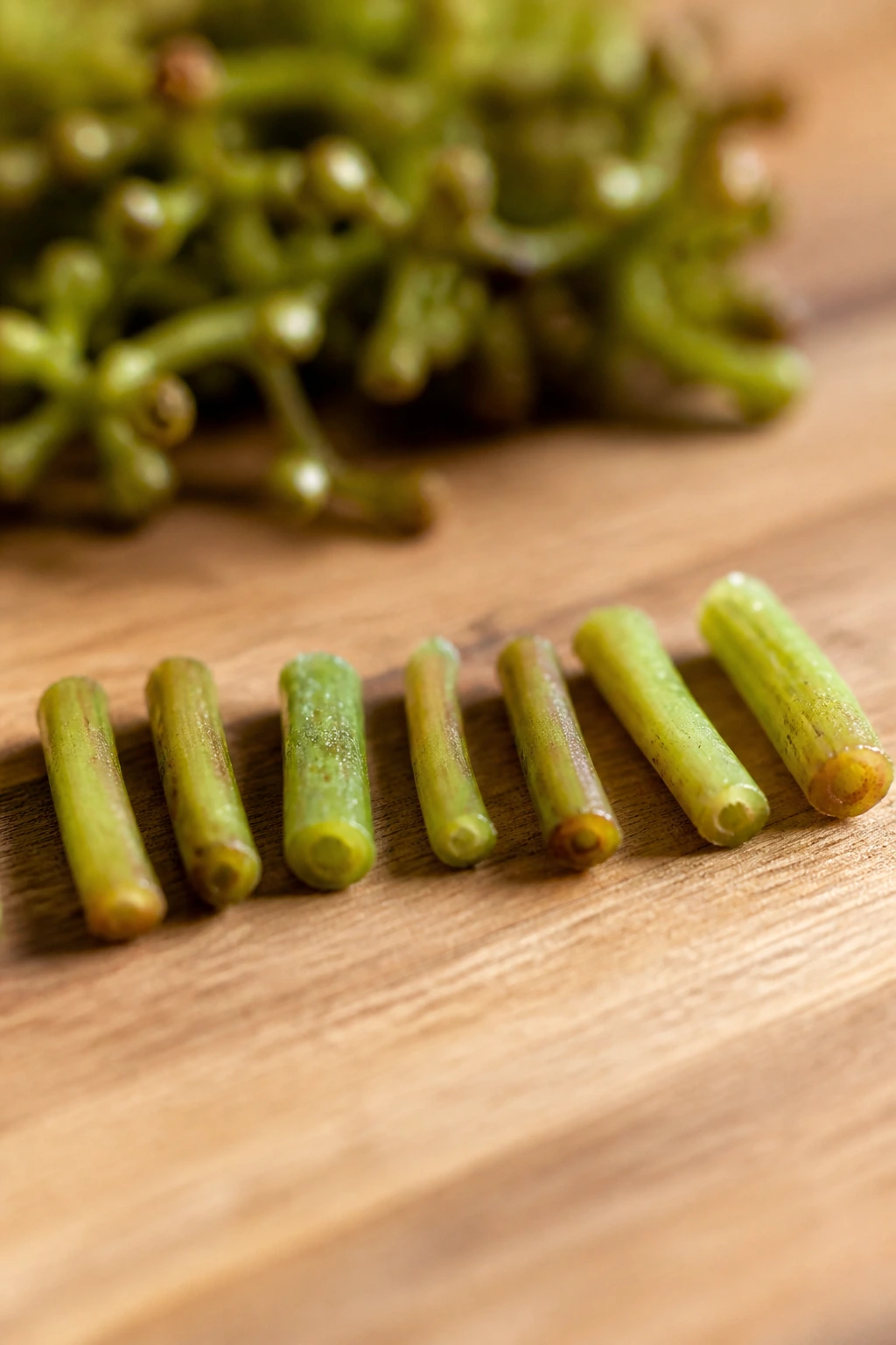 Can Guinea Pigs Eat Grape Stems? All You Need To Know 4 Small grape stem pieces neatly arranged on a wooden surface
