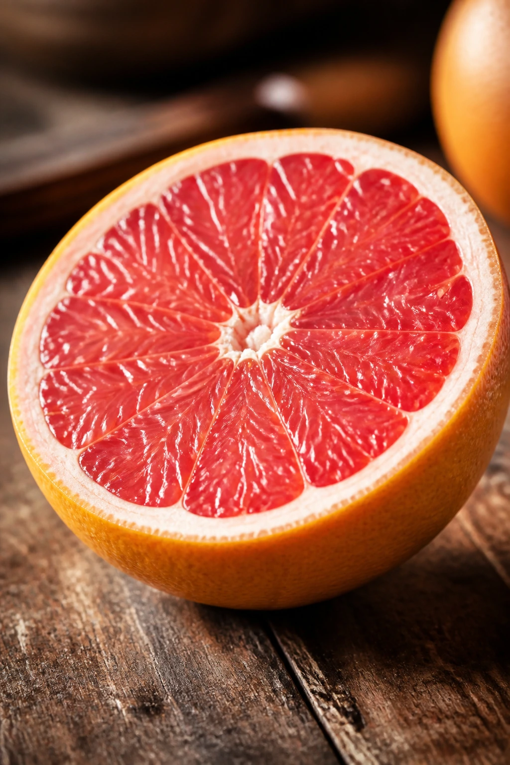 Close-up halved grapefruit showing pink flesh, symbol of hope and renewal.