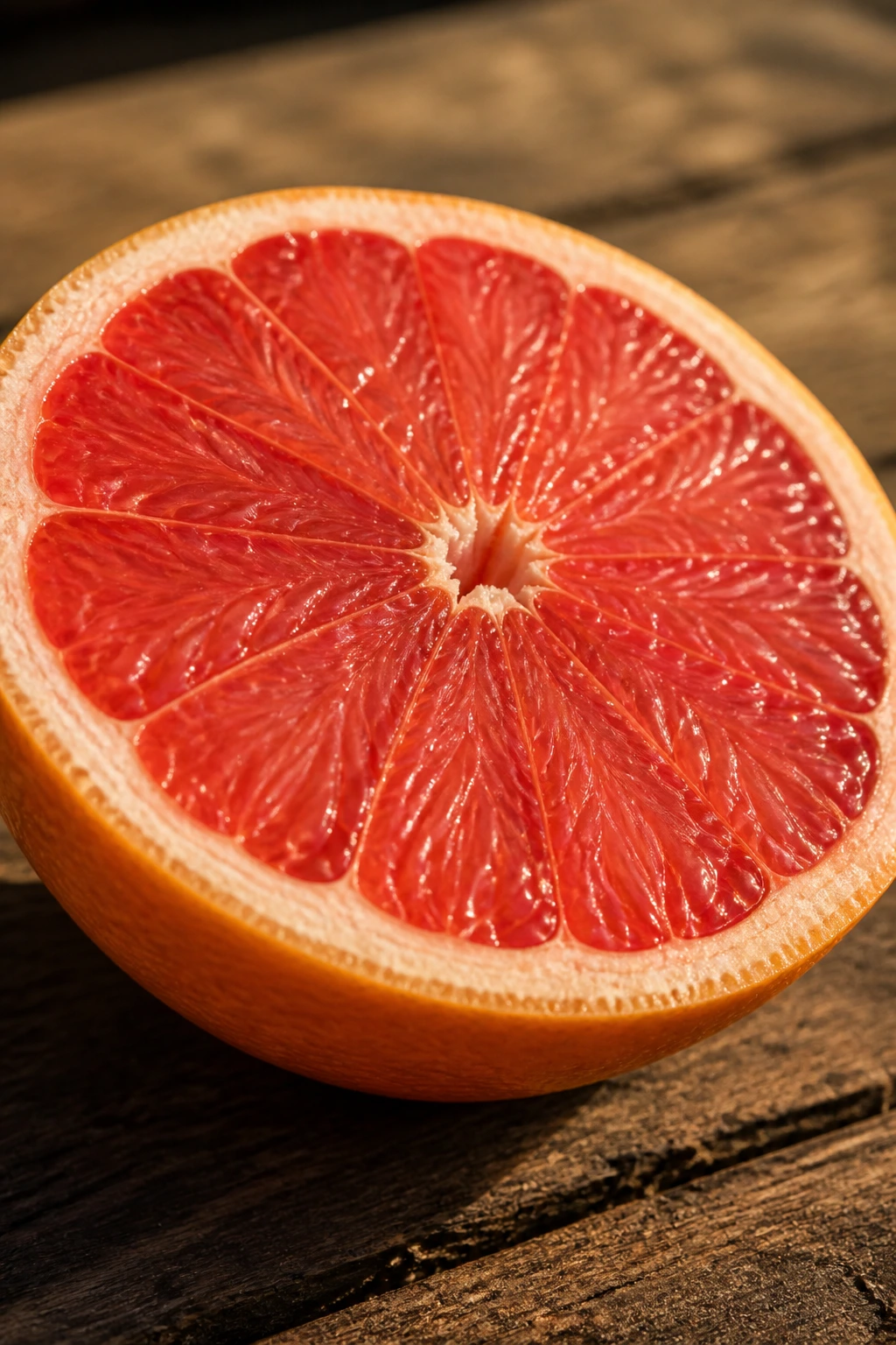 Halved grapefruit showing pink flesh on wooden surface