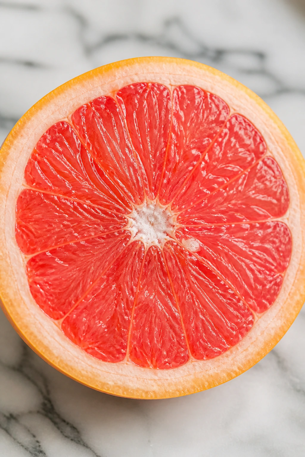 Grapefruit half on a neutral kitchen surface under soft light.
