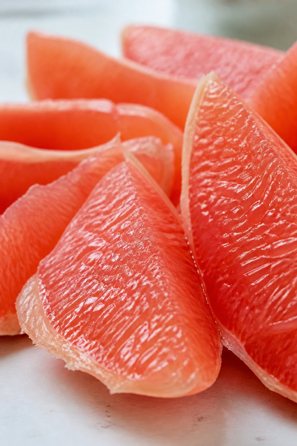 Close-up of grapefruit segments on a neutral countertop.