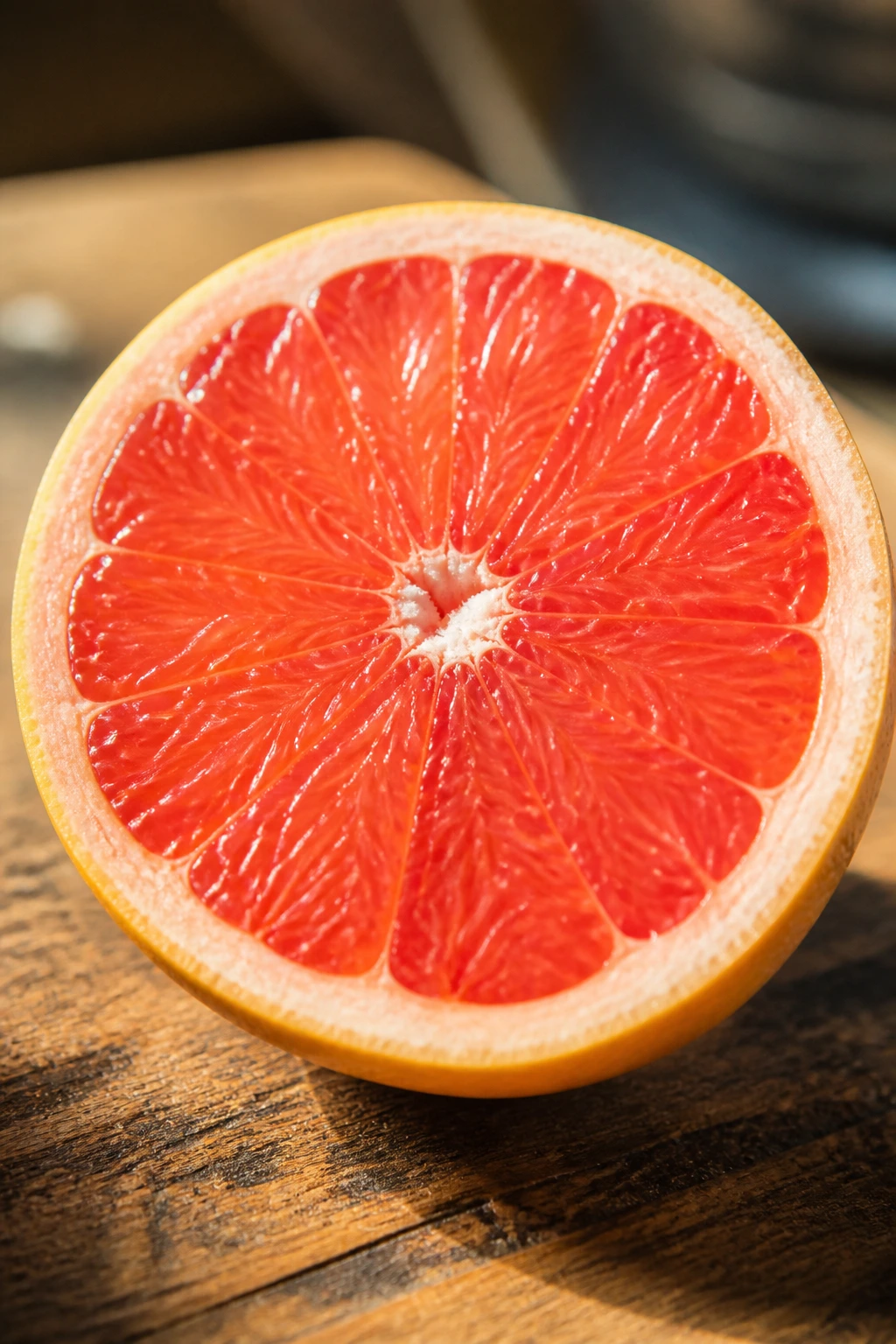 Close-up of a halved grapefruit showing pink segments on a wooden counter.