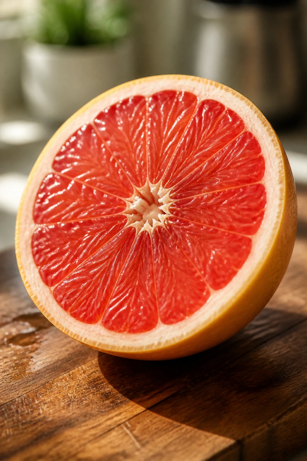 Close-up of a halved grapefruit showing pink flesh on a wooden cutting board