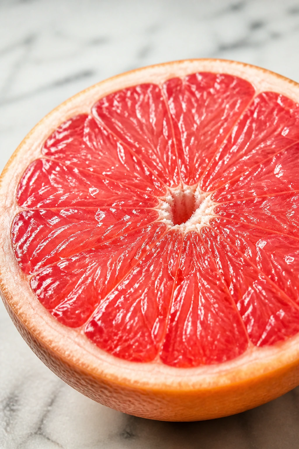 Close-up of a half grapefruit highlighting juicy flesh.