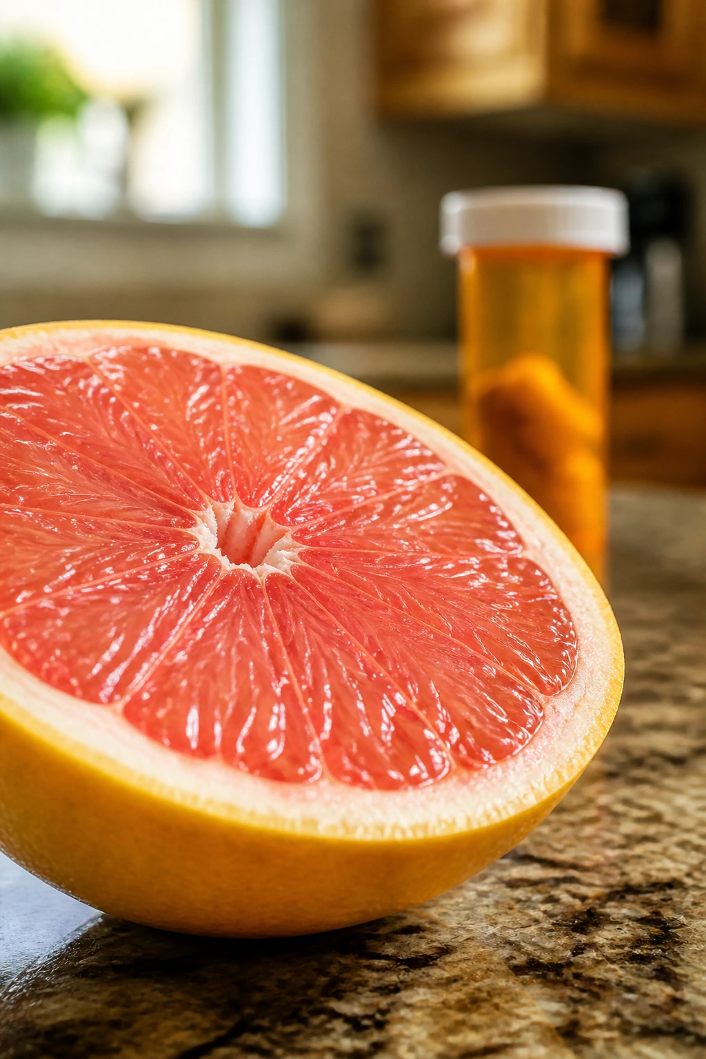Side Effects of Eating Too Much Fruit: 10 Possible Outcomes 7 Close-up of grapefruit with medicine bottle in background suggesting drug interactions